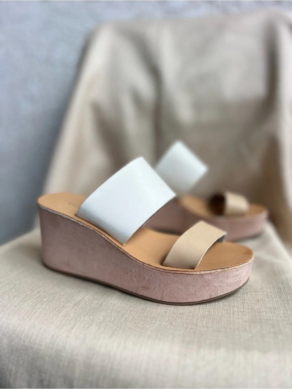 Chinese Laundry White and Beige Double-Band Wedge Sandals